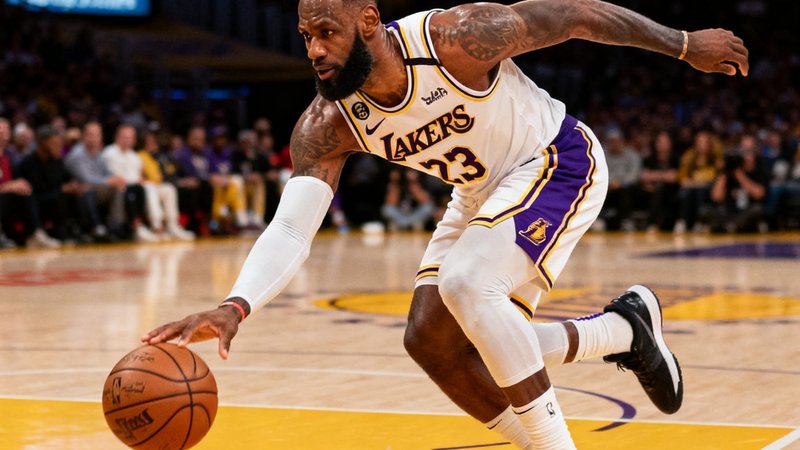 NBA湖人队球员在三分线外出手瞬间，斯台普斯中心灯光